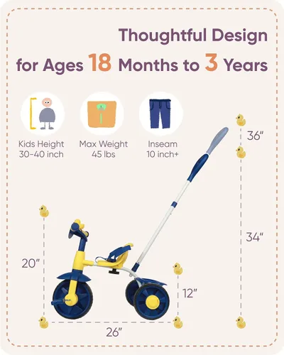 Miniatura 6 de KRIDDO - Triciclos 2 en 1 para niños de 18 meses a 3 años, ruedas EVA mejoradas, ideal para regalo para niños de 2 a 3 años, con mango de empuje