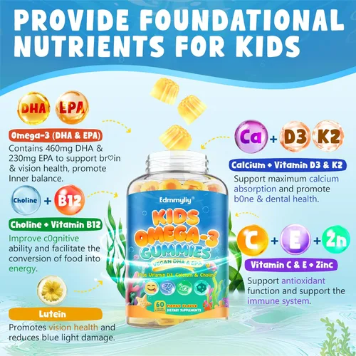 Miniatura 3 de Gomitas Omega 3 para niños, algas Omega3 con colina, luteína, vitamina D3 B12, calcio, zinc para el desarrollo cerebral de los niños, ojos, energía