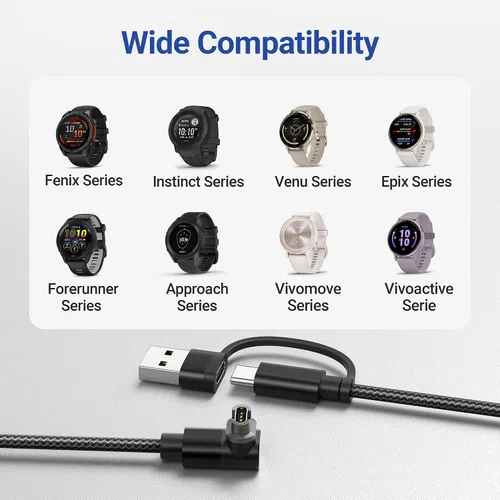 Miniatura 8 de Itramax - Cable de carga 2 en 1 para Garmin Watch de 4 pies, cable de alimentación de carga para Garmin Fenix 8 E 7 7X 7S 6 5 5X 5S Solar