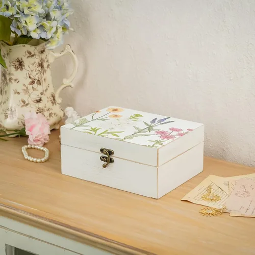 Miniatura 2 de Pequeña caja decorativa con tapa con bisagras, caja de almacenamiento de recuerdos hecha a mano de madera, caja de joyería con estampado floral
