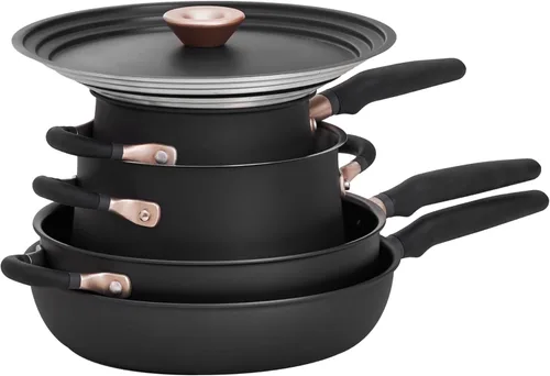 Miniatura 13 de Meyer Juego apilable de 6 piezas con tapas universales, ollas y sartenes anodizadas duras de acero inoxidable y antiadherentes, compatibles