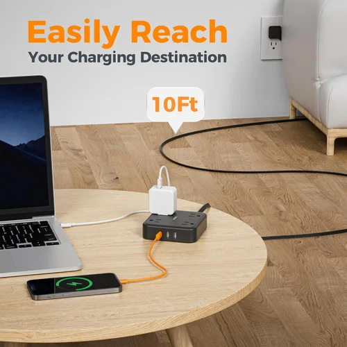 Miniatura 5 de TESSAN – Cable de extensión plano con protector de sobretensión de 10 pies, regleta de alimentación de enchufe plano con 4 salidas y 3 puertos USB