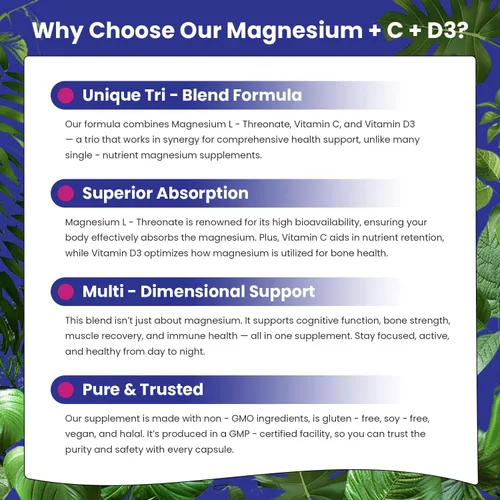 Miniatura 5 de Magnesio L-treonato de vitamina C y D3, 120 cápsulas Magnesio de alta absorción para la salud cerebral, la concentración, la calma y el sueño