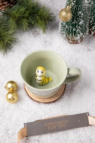 Miniatura 9 de DIHOclub Taza de café de cerámica de oruga oculta en el interior de animales en 3D, serie de jardín, hecha a mano con figuras de oruga (verde claro)