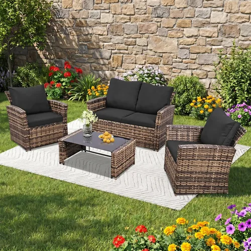 Miniatura 9 de FHFO Juego de 4 muebles de patio al aire libre, muebles de exterior, juego de sofá modular de mimbre para conversación al aire libre, juego de sofá