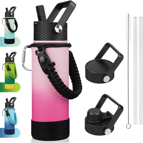 Miniatura 10 de BJPKPK - Botella de agua con tapa de popote, botellas de agua aisladas de 18 onzas con 3 tapas, asa de cuerda de paracaídas y base antideslizante