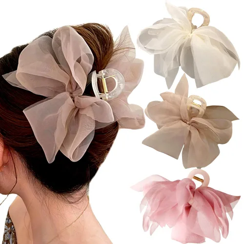 3 pinzas de malla de tul, pinzas para el cabello con lazo, lazos de gasa, pinzas para el cabello, pinzas grandes para cabello grueso, cabello fino,
