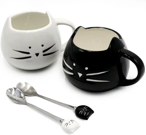 Koolkatkoo Juego de tazas de café de cerámica para gatos, regalos para mujeres y niñas, amantes de los gatos, divertida taza pequeña con cuchara, 12