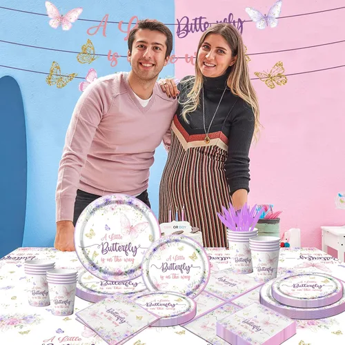 Miniatura 2 de Juego de vajilla de mariposa para baby shower, con diseño de mariposa con texto en inglés «A Little Butterfly Is On Her Way»