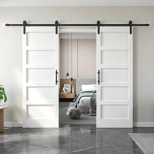 Miniatura 41 de Fredbeck Puerta de granero blanca de 30 x 84 pulgadas con kit de herrajes para puerta corredera de 5.5 pies incluido y asa, sólida, MDF, superficie