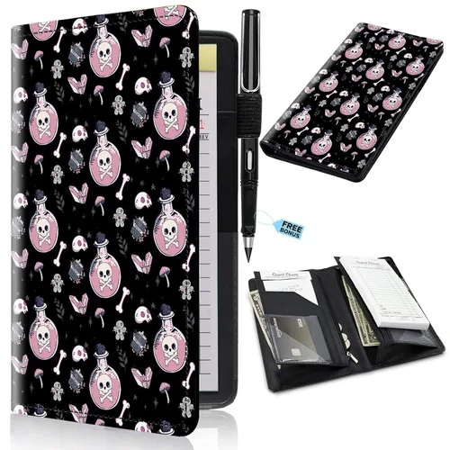 Miniatura 54 de Libros de servidor para camareras con bolsillo con cremallera – Libro de camarera gótico pastel con calavera de bruja, organizador de dinero