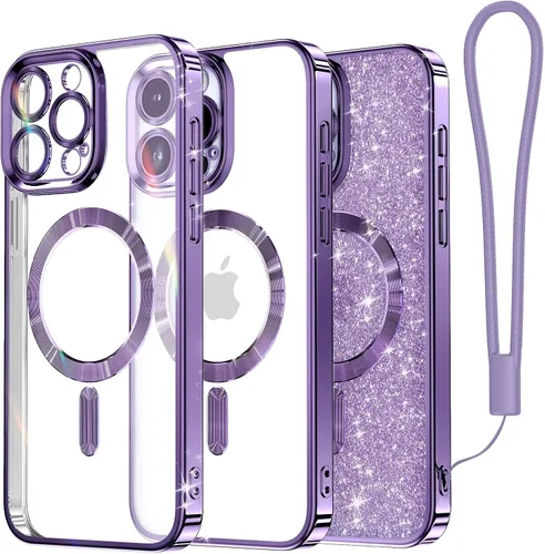 Miniatura 20 de Meifigno Candy Mag Series - Funda diseñada para iPhone 15 Pro, compatible con MagSafe, tarjeta con purpurina y correa de muñeca, protección completa