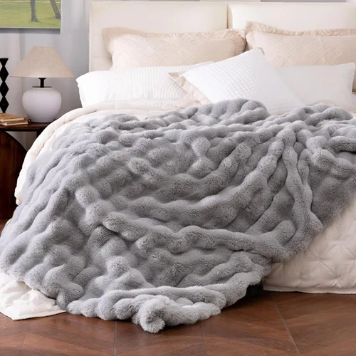 Miniatura 8 de Manta de piel sintética ultrasuave y acogedora, manta mullida de felpa gruesa de burbujas, manta mullida de lujo de gran tamaño para sofá, cama