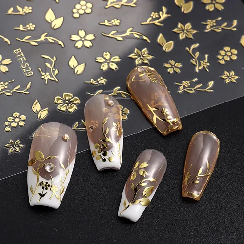 Miniatura 6 de Calcomanías de arte de uñas doradas, diseño de sol, luna, estrellas, línea de corazón, flores, calcomanías autoadhesivas para uñas, calcomanías