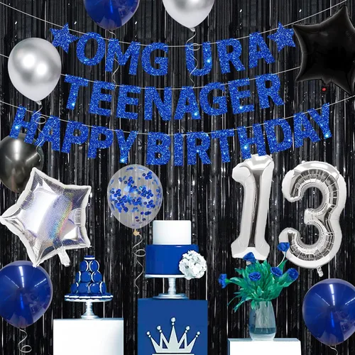 Miniatura 6 de Blue Omg Ur A Teenager - Cartel de feliz cumpleaños con flecos de papel de aluminio negro, telón de fondo plateado 13 para niños, decoración