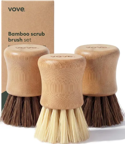 Vove Juego de cepillos de bambú para fregar platos, paquete de 3 cepillos de cocina sin plástico para platos, ollas y hierro fundido, bambú