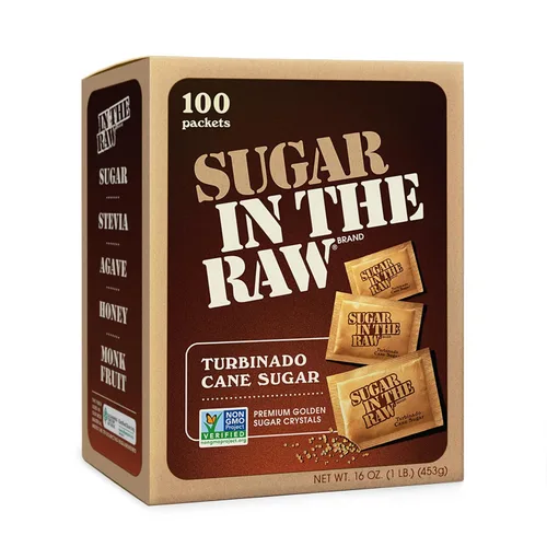 Sugar in the Raw paquetes de azúcar de caña turbinado, 100 unidades, azúcar turbinado puro, totalmente natural, proyecto verificado sin OMG, kosher,