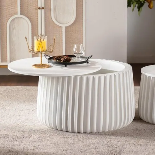 Miniatura 4 de Juego de 2 mesas anidables redondas con tapa abatible, juego de mesa auxiliar de madera de almacenamiento moderno de 2 piezas, 2 piezas de madera