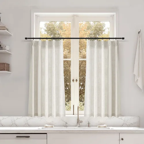 Miniatura 69 de Juego de 2 paneles de cortinas de ventana de cocina beige de 24 pulgadas de largo, con textura de lino, plisadas, filtrantes de luz, semi pequeñas