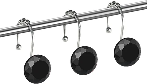 Miniatura 3 de Ganchos de cortina de ducha de cristal negro con diamantes para baño, 12 unidades, anillos de acero inoxidable plateados a prueba de óxido, colgador
