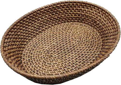 Cesta ovalada de ratán de 14 pulgadas, bandeja de mimbre hecha a mano con lados elevados de 3.5 pulgadas, cuenco grande de frutas de ratán,