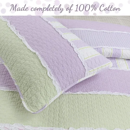 Miniatura 2 de Cozy Line - Juego de edredón de rayas verdes lavanda y puntos morados, 2 piezas, 100% algodón, reversible, para todas las estaciones, con fundas