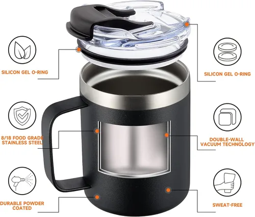 Miniatura 2 de Taza de café aislada de 12 onzas con asa, taza de café de viaje de acero inoxidable con tapa abatible, vaso de café de doble pared con aislamiento