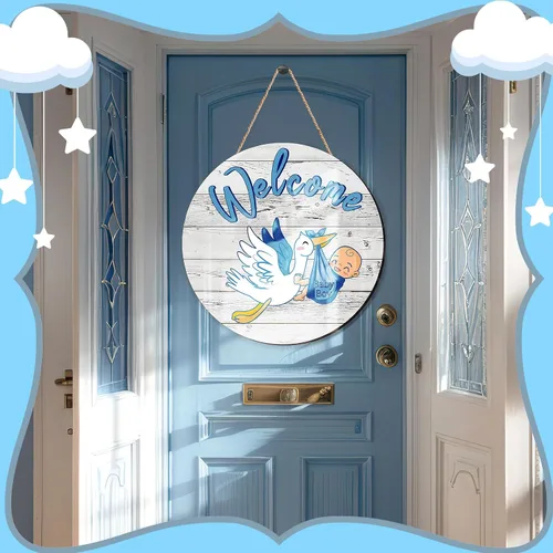 Miniatura 5 de Chunful Letrero de bienvenida para puerta de bebé niño, decoración redonda de madera rústica, decoración de casa de campo, decoración de puerta