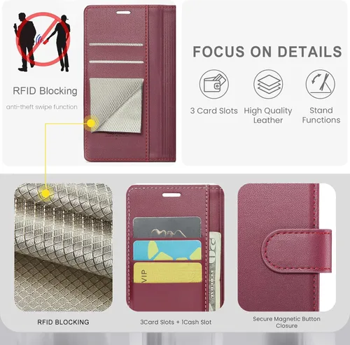 Miniatura 3 de FLIPALM Funda tipo cartera para Samsung Galaxy A14 5G con bloqueo RFID, soporte para tarjeta de crédito, de piel sintética, función atril, funda Rojo