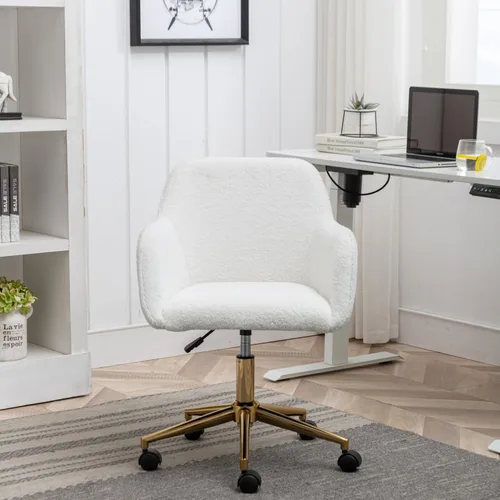 Miniatura 4 de Silla de tocador de piel sintética para oficina en casa con respaldo, altura de maquillaje rodante, color blanco con ruedas, escritorio mullido