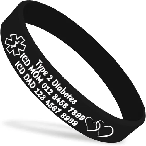 Pulseras de silicona de alerta médica personalizadas, pulseras de identificación médica, pulseras de emergencia deportivas personalizadas para Negro