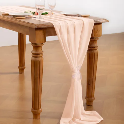 Miniatura 5 de Socomi Camino de mesa de gasa beige para verano, bohemio, rústico, de 10 pies, 29 x 120 pulgadas, decoración de camino de mesa de boda, decoración