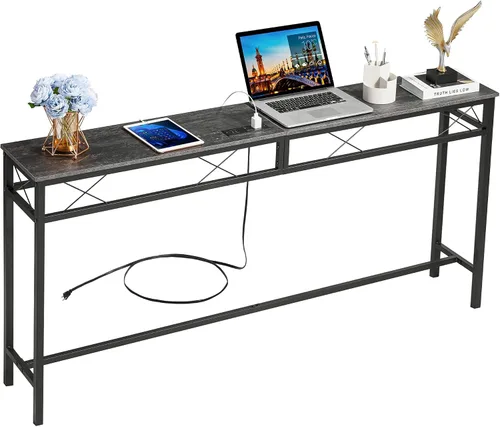 Miniatura 8 de VECELO Mesa de consola angosta extra larga de 71 pulgadas con estación de carga, toma de corriente y puertos USB, para entrada, sala de estar, Gris