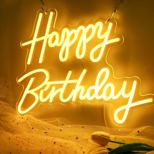 Aslanka Letrero de neón de feliz cumpleaños, letreros de neón LED para decoración de fiestas, letrero de luz de neón HBD alimentado por USB para