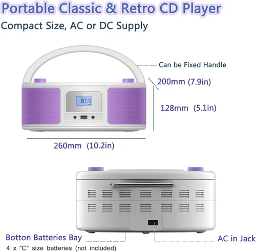 Miniatura 7 de Reproductor de CD Radio Portátil con Bluetooth, Radio FM, Control Remoto, Entrada USB y Conector de Auriculares de 3.5mm AUX, Reproducción
