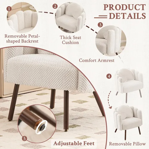 Miniatura 4 de Furniliving Silla de tocador beige, silla de terciopelo para sala de estar, sillas de concha con patas de madera, silla de maquillaje
