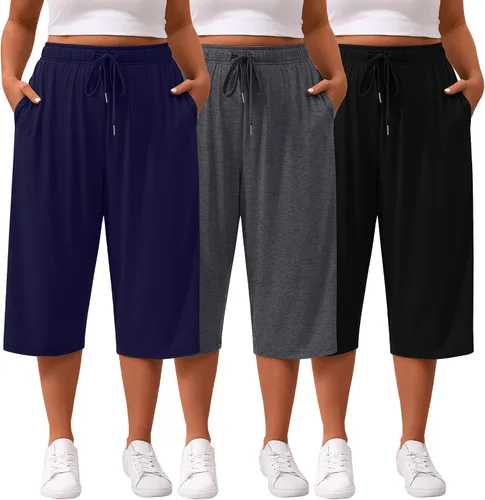 Miniatura 10 de Paquete de 3 pantalones capri de talla grande para mujer, ajuste holgado, pierna ancha, pantalones recortados para yoga, descanso, entrenamiento