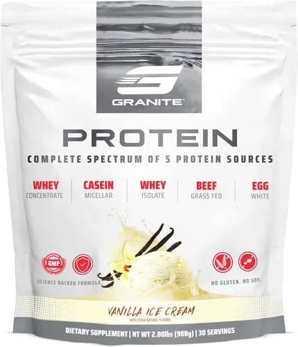 Granite Nutrition Proteína en polvo – Mezcla de 5 fuentes de primera calidad (suero de leche, caseína, huevo, carne de res alimentada con pasto)