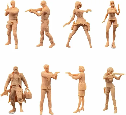 ZEDACAKAI (8 piezas 1/64 figura hombre y mujer de pie con pistola en miniatura mesa de arena escena villano blanco necesita ser coloreado por ti
