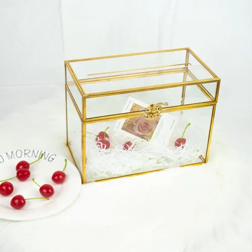 Miniatura 7 de YIMORENCE V Tarjetero de cristal dorado – Caja de sobres de boda con forma rectangular con ranura y pie, perfecto para recepción y centro de mesa