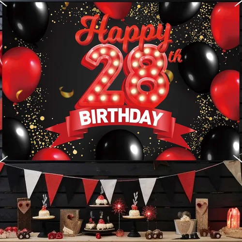 Miniatura 6 de Cartel de feliz cumpleaños 28 color rojo y negro, decoración temática de globos para niñas y mujeres, princesas de 28 años, fiesta de cumpleaños