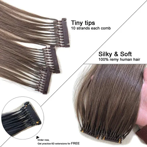 Miniatura 2 de Extensión de cabello humano 6D marrón oscuro 14 pulgadas 10 filas para máquina de 1ª generación Kit/herramienta sin rastro/pistola para salón