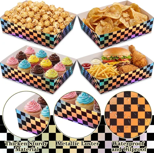 Miniatura 4 de Mifoci 50 bandejas de papel iridiscentes para fiestas de autos de carreras, 5 libras, grandes de color negro metálico e iridiscente, platos