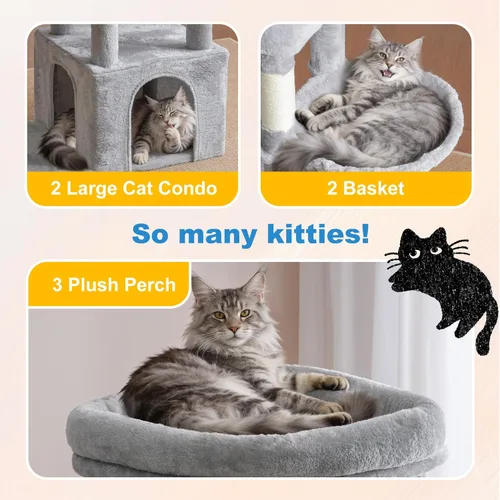 Miniatura 5 de Hey-brother Árbol para gatos, torre de 67.3 pulgadas con 3 camas de plataforma suave, 2 condominios grandes, 9 postes rascadores de sisal, 2 hamacas