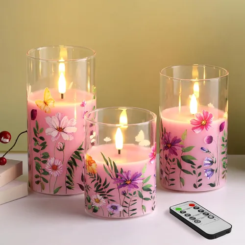 Miniatura 12 de Eywamage Velas de cristal sin llama de colibrí rosa con control remoto, velas LED parpadeantes de pilar de batería, juego de 3, decoración