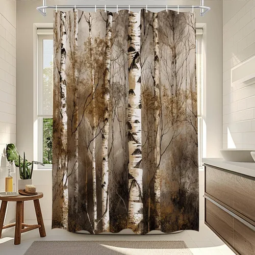 Miniatura 2 de TheBlackSpot Juego de cortinas de ducha de bosque rústico de granja, diseño botánico abstracto, abedul, naturaleza, juego de cortinas de baño