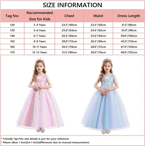 Miniatura 5 de MYRISAM Vestido largo de tul con encaje bordado para niñas de flores, para comunión, para comunión, cumpleaños, princesa, concurso de belleza