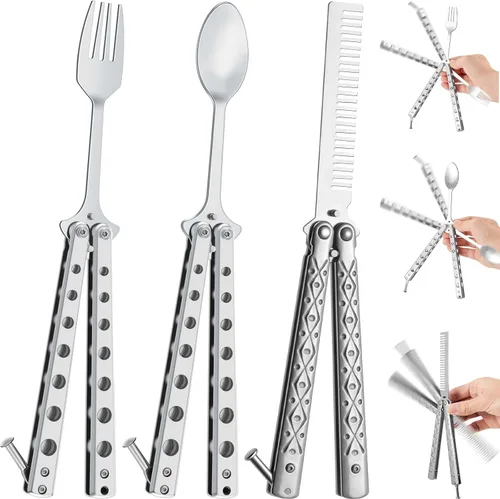 Miniatura 8 de Eaasty Juego de 3 piezas de peine de mariposa, tenedor y cuchara, cuchara plegable táctica de acero inoxidable para camping, caza, viajes al aire
