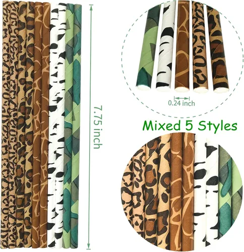 Miniatura 3 de 125 pajitas de papel para fiesta de safari en la selva, marrón, negro, blanco, verde, camuflaje, cebra, leopardo, guepardo, árbol, zoológico