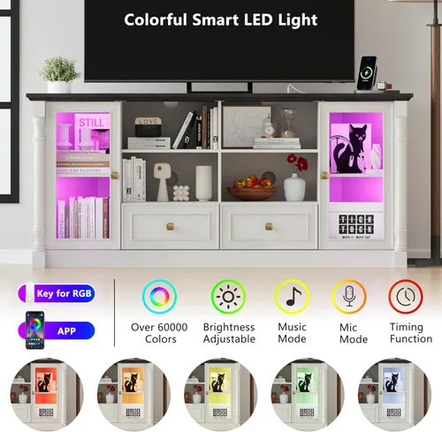Miniatura 3 de Soporte esquinero de TV de granja para TV de 55 y 65 pulgadas, moderno centro de entretenimiento esquinero con toma de corriente, luces LED